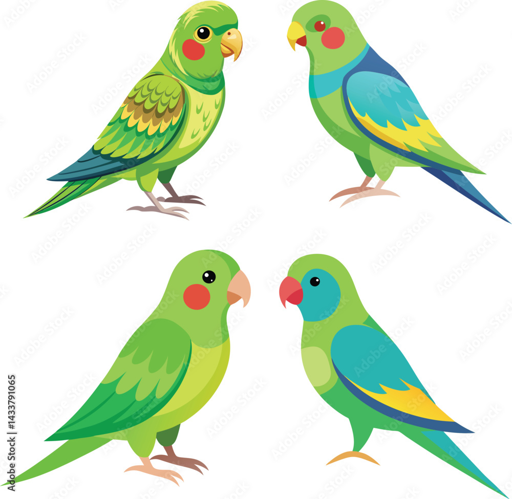 Obraz premium Vector dove, sparrown, woodspecker and parakeet bird icon set design 