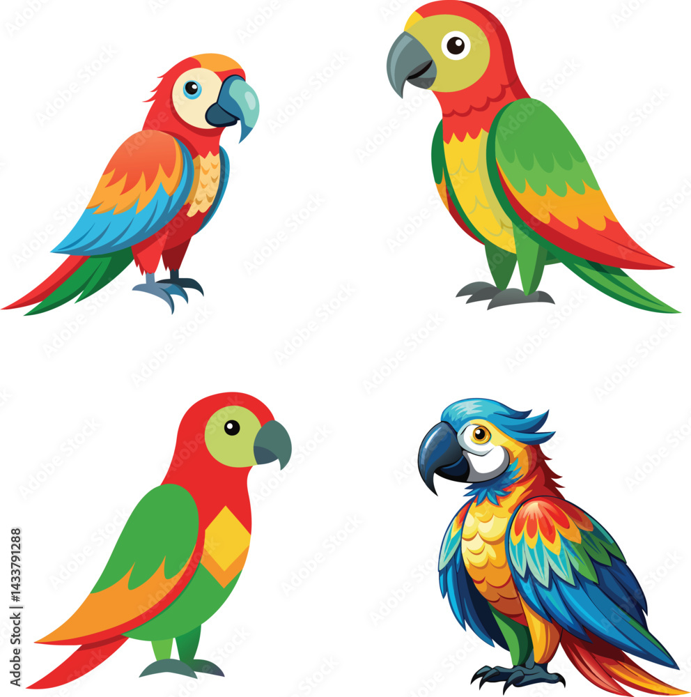 Obraz premium Vector dove, sparrown, woodspecker and parakeet bird icon set design
