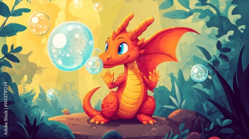 Cute Cartoon Dragon Blowing Bubbles in Lush Forest Environment