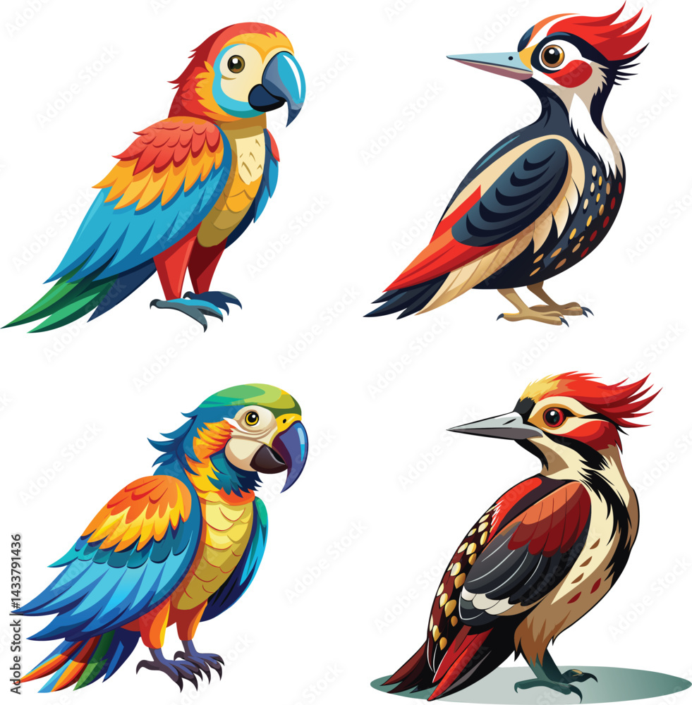 Obraz premium Vector dove, sparrown, woodspecker and parakeet bird icon set design 
