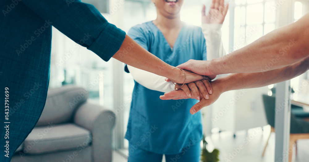 Obraz premium Stack of hands, celebration and doctor with nurses in hospital for collaboration, achievement or support. Medical partnership, synergy and group of healthcare workers with community in clinic.