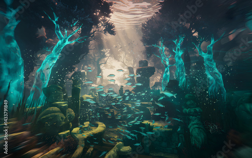 Generate A Hyper-Realistic Underwater Forest Scene At Dusk
