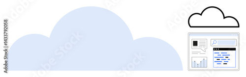 Blue cloud and wireframe cloud icon with web interface displaying a search bar, charts, and text content. Ideal for technology, cloud storage, data, communication, IT services, analytics networking