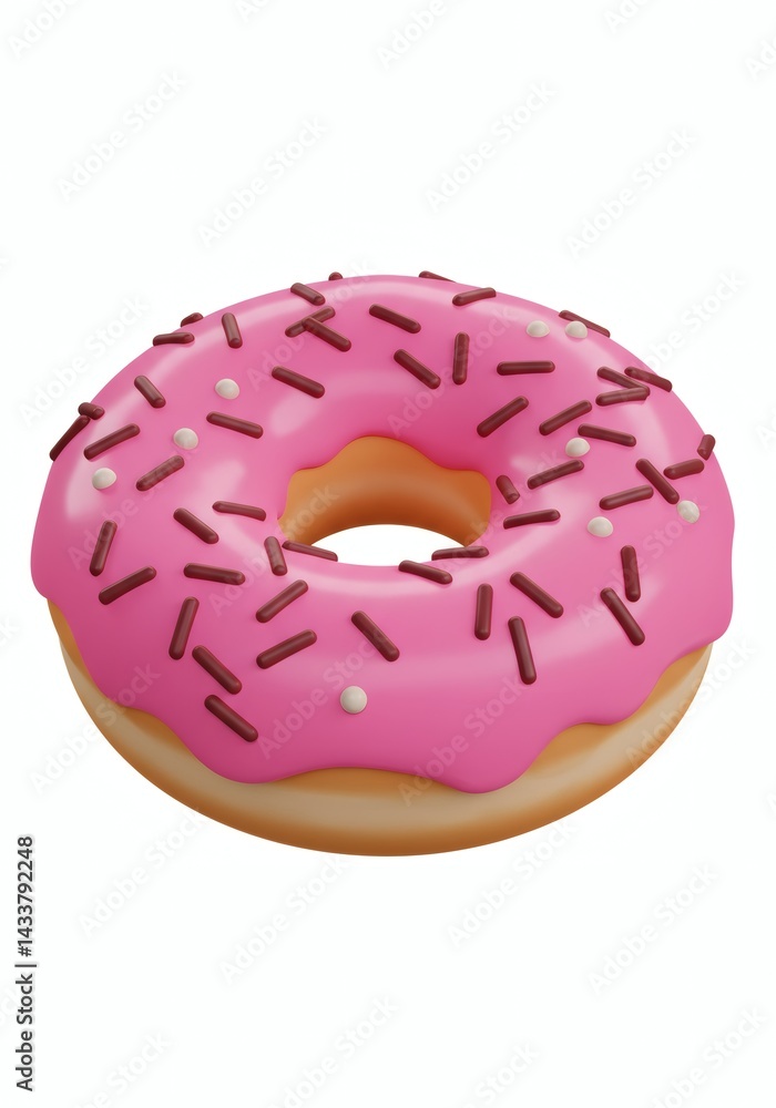 Appetizing 3D Rendering of a Pink Frosted Donut with Chocolate Sprinkles
