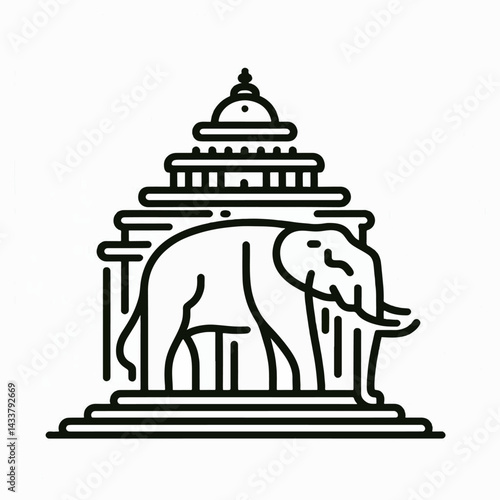 A stylized graphic of an elephant statue holding up a temple.