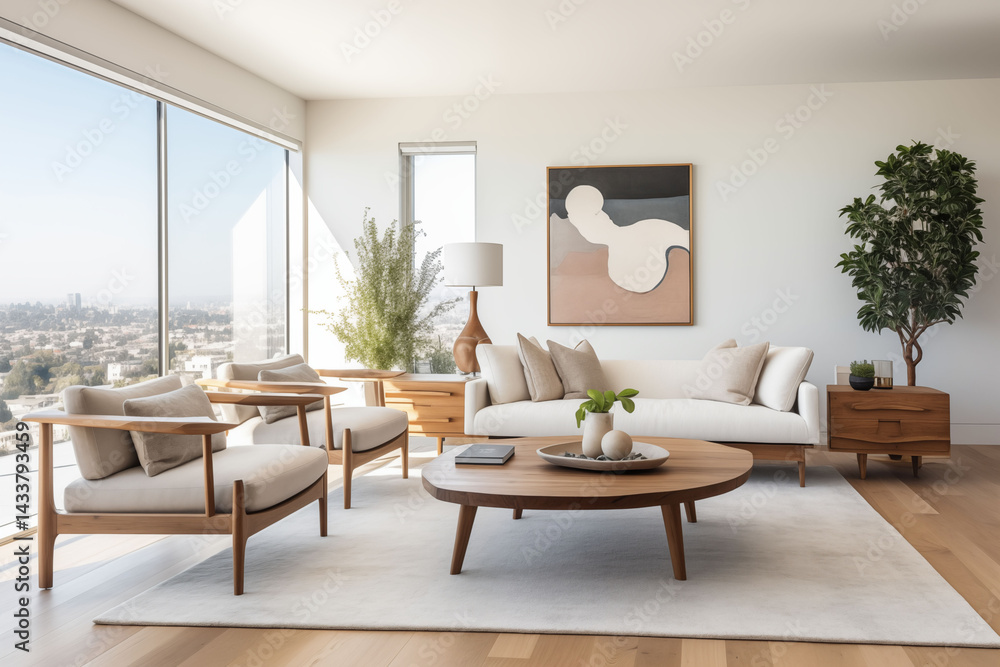 Fototapeta premium The living room has a city view and a sofa and a beautifully decorated table.