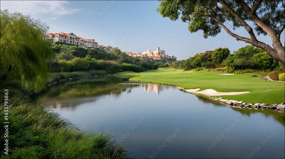 Fototapeta premium Serene Golf Course Landscape with Reflective Water and Lush Greenery Near Elegant Resort in Sunny Daylight