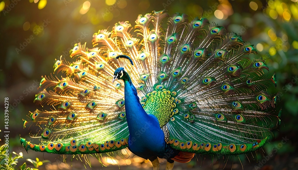Obraz premium A dazzling peacock spreading its iridescent tail feathers in full display, intricate patterns glistening under soft garden light.
