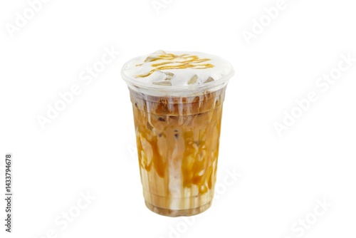 Ice latte coffee mix vanilla sour cream served on sack in white background,isolate style.
