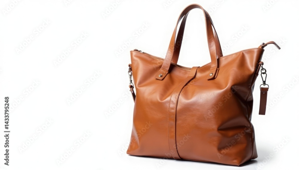 Brown leather tote bag, isolated on white background , travel bag, elegant, simple Brown leather tote bag, isolated on white background , travel bag, elegant, simple