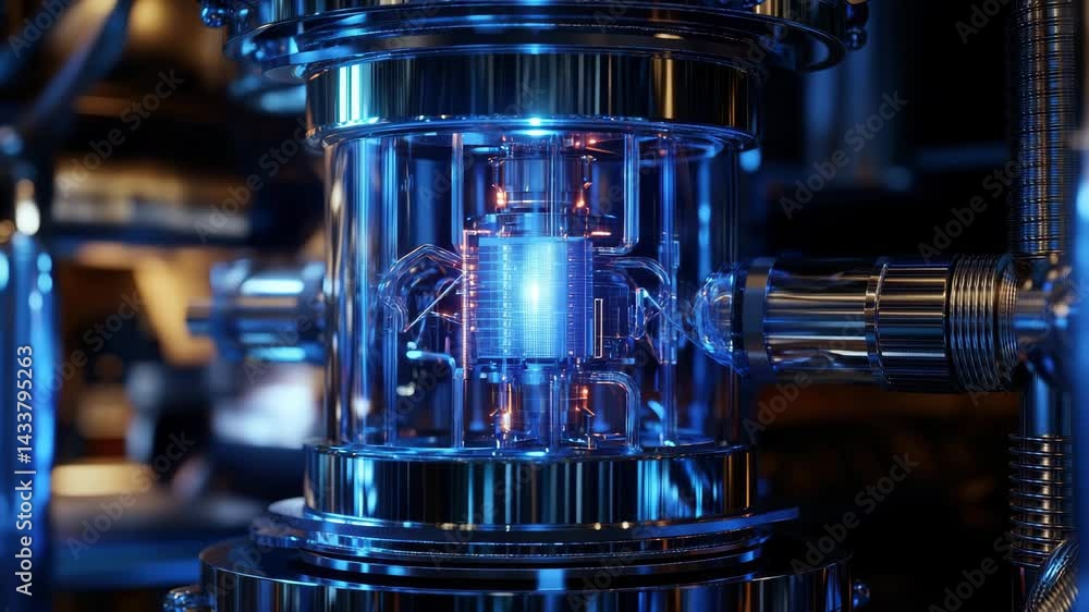 The luminous core of a quantum supercomputer. Futuristic computing power, energy and artificial intelligence