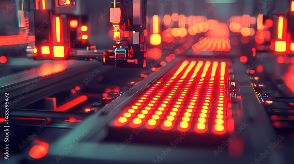 A vibrant, futuristic scene showcasing a machinery conveyor with illuminated red lights, highlighting advanced technology in motion. A vibrant, futuristic scene showcasing a machinery conveyor with illuminated red lights, highlighting advanced technology in motion.