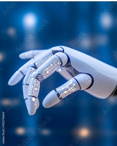 A close-up of a robotic hand with visible circuitry, appearing to gently grasp or interact with something unseen against a blurred blue background