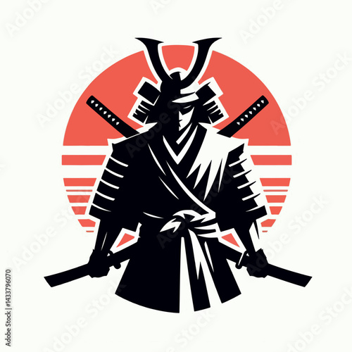 A stylized graphic illustration of a samurai, holding swords, set against a backdrop of a stylized Japanese sun.