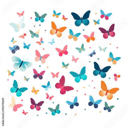 A scattered array of colorful butterflies with varying sizes on a transparent background design pattern png