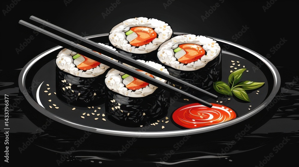 Popular Food Fresh sushi rolls with soy sauce and chopsticks Popular Food Fresh sushi rolls with soy sauce and chopsticks