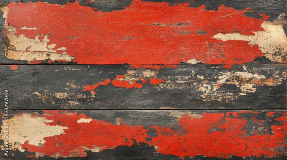 Obraz premium Red And Black Peeling Paint on Weathered Wooden Planks