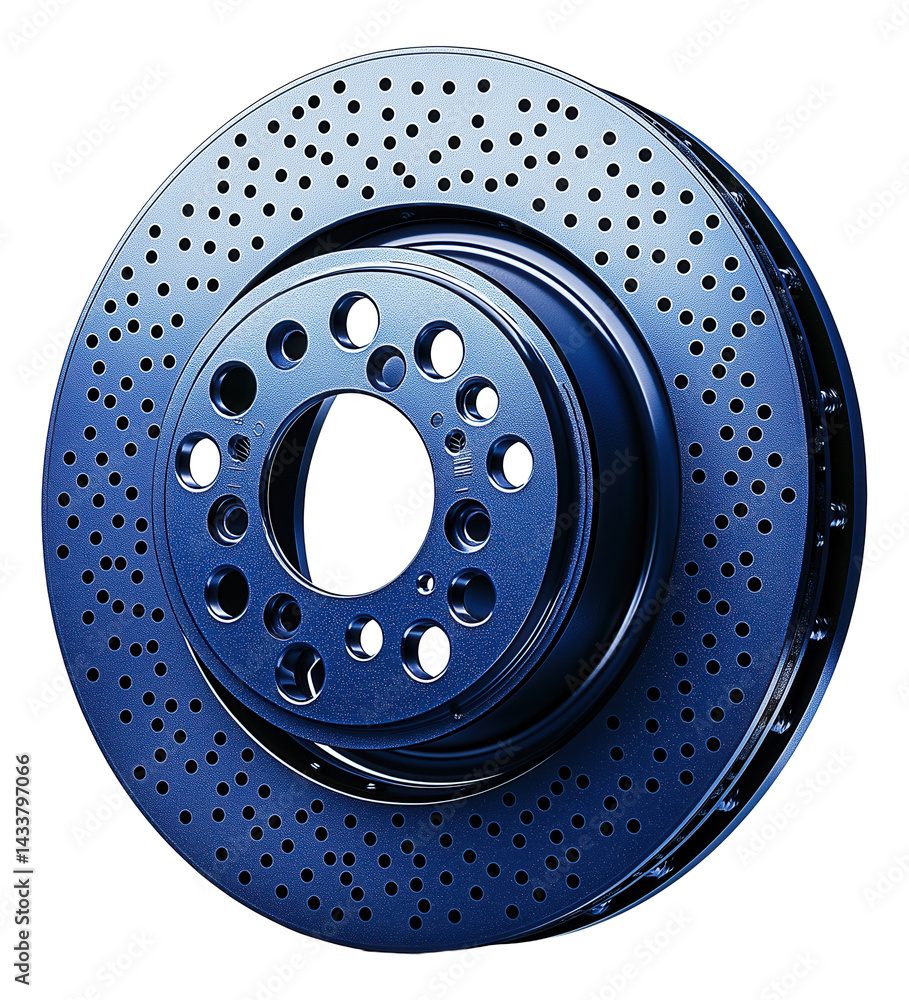 Blue perforated brake disc with multiple holes for enhanced ventilation and performance. Blue perforated brake disc with multiple holes for enhanced ventilation and performance.