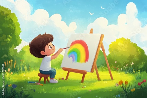 Child Painting a Colorful Rainbow in Bright Sunny Nature Scene