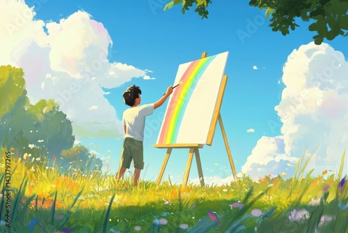 Child Painting a Colorful Rainbow in a Bright Scenic Landscape