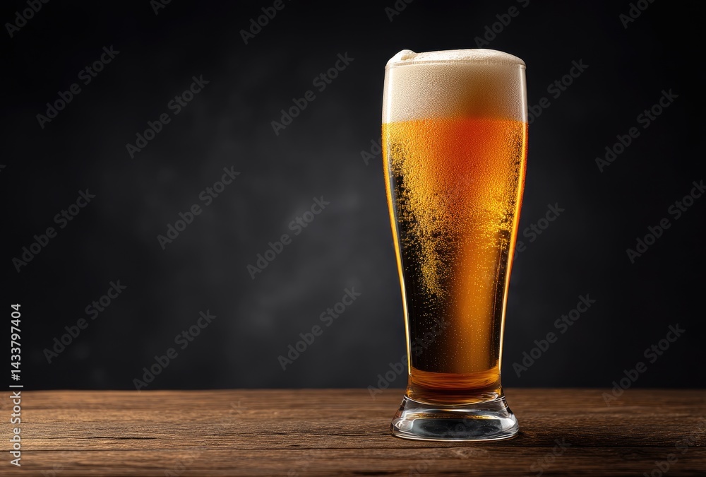 Elegant tall glass of beer with rich foam and rising bubbles on rustic wooden surface against a black backdrop, perfect for craft beer ads, pub menus, or festive promotions Elegant tall glass of beer with rich foam and rising bubbles on rustic wooden surface against a black backdrop, perfect for craft beer ads, pub menus, or festive promotions