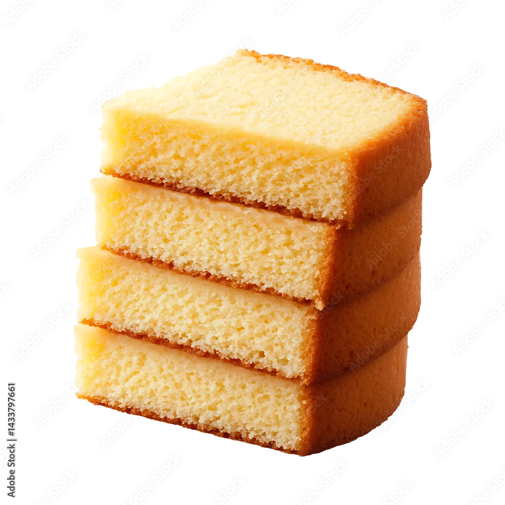 stack of golden Sliced moist butter cake isolated on transparent white background,in PNG format. stack of golden Sliced moist butter cake isolated on transparent white background,in PNG format.