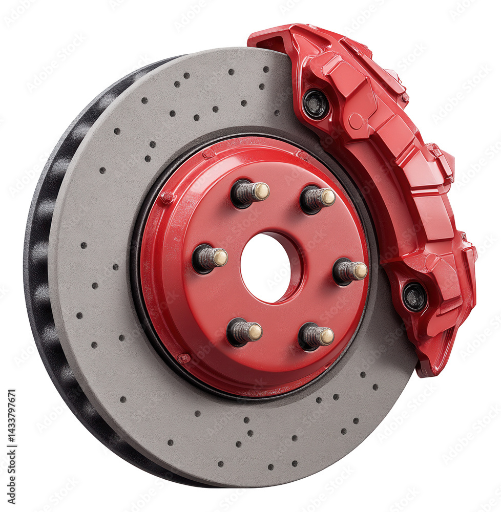 High-performance automotive disc brake with red caliper and ventilated rotor. High-performance automotive disc brake with red caliper and ventilated rotor.