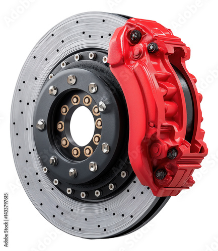 High-performance car brake disc with a red caliper and drilled rotor for enhanced ventilation.