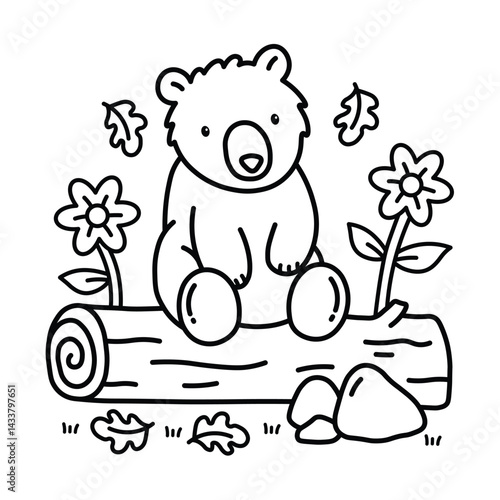 Woodland Escape Coloring Book, bold and easy coloring pages, animals line art, Bear, Woodland Beer, Cute Coloring, 