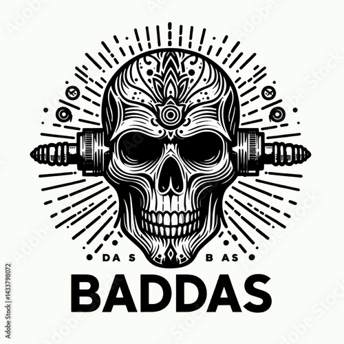 A stylized skull design featuring a spark plug and intricate patterns, with the word "BADDAS" displayed prominently.