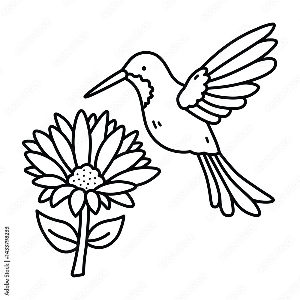 Obraz premium Woodland Escape Coloring Book, bold and easy coloring pages, animals line art, Cute Humingbird With Sunflower, Vector Art, 