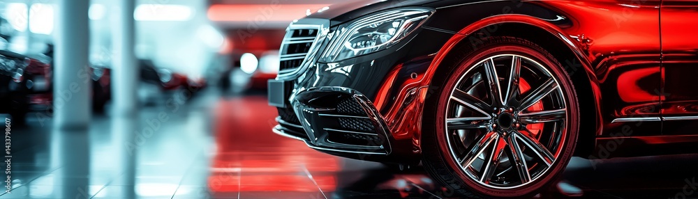Sleek Black Luxury Front Vehicle Displayed in a Modern Showroom Setting - Wide Image Sleek Black Luxury Front Vehicle Displayed in a Modern Showroom Setting - Wide Image