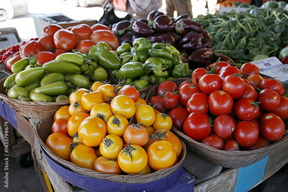 Freshly picked fruits and vegetables displayed at a local farmer's market in autumn