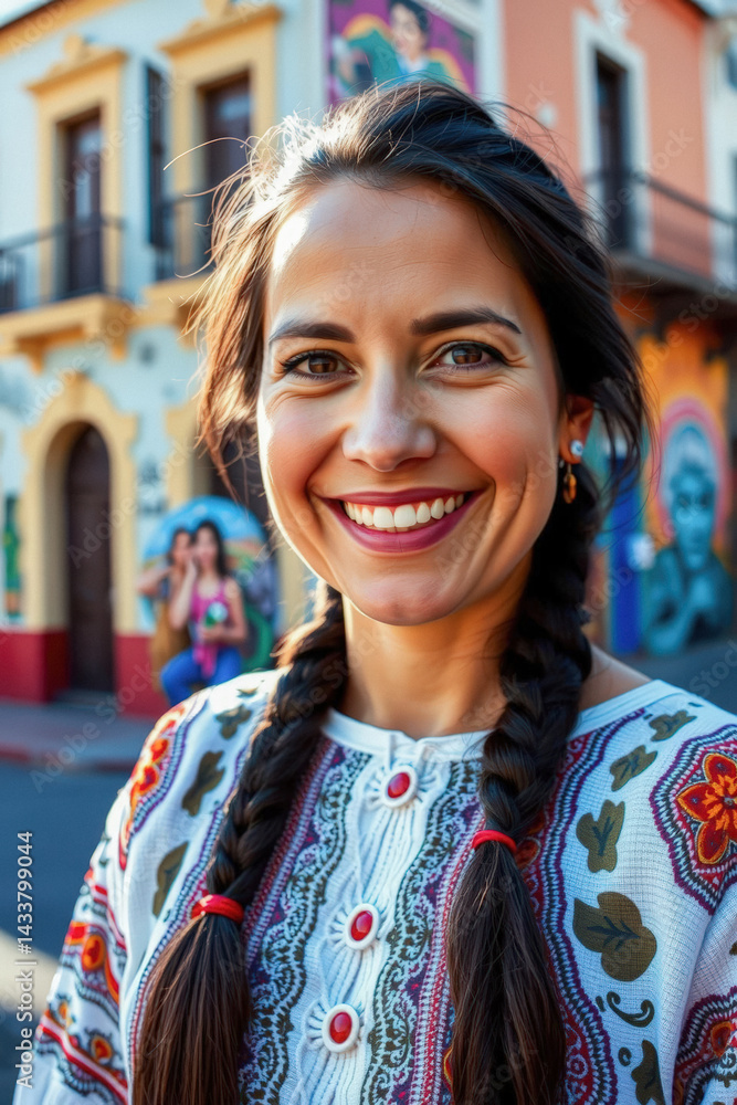 Smiling Woman in Traditional Dress Outdoors