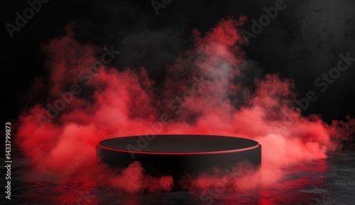 Dark product display podium with red smoke