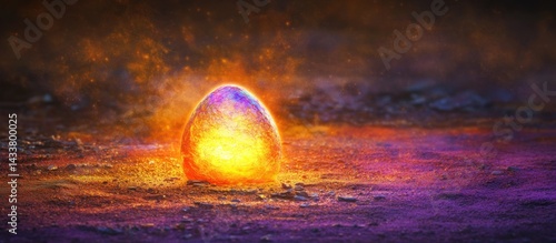 Glowing egg on fiery ground.