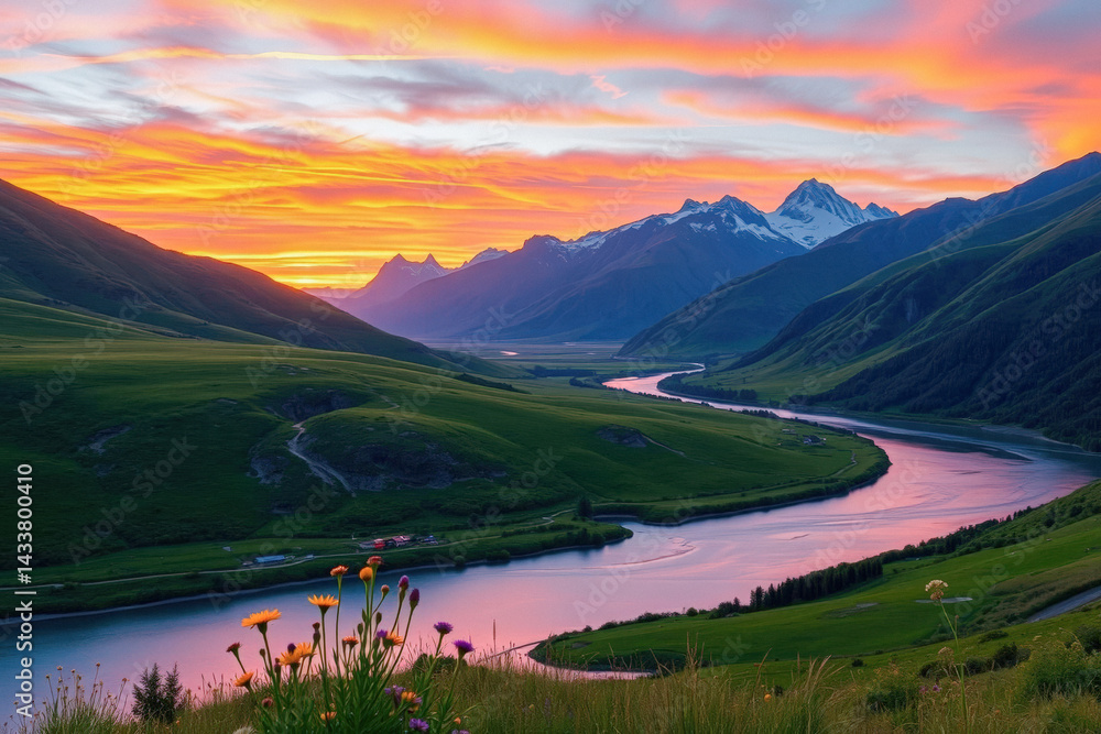 Majestic Mountain Valley at Sunset