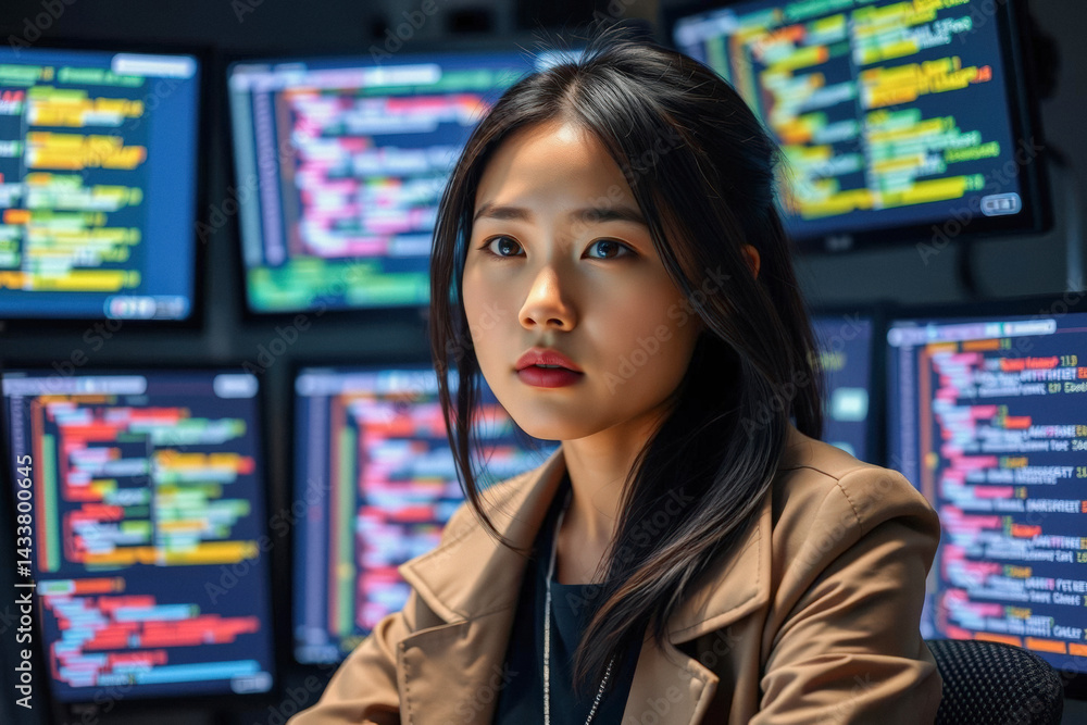 Focused Programmer in Front of Multiple Screens