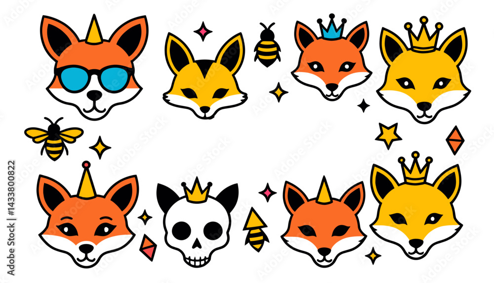Fototapeta premium Cute Fox Heads Collection_Cartoon Foxes with Crowns and Accessories_Vector Illustration for Kids Designs_Animal Faces for Stickers and Prints_Isolated on White Background