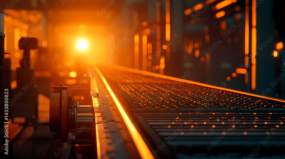 A conveyor belt illuminated by warm orange light in an industrial setting, creating a dramatic and inviting atmosphere. A conveyor belt illuminated by warm orange light in an industrial setting, creating a dramatic and inviting atmosphere.