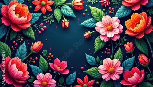 Intricate floral pattern, vibrant hues, lush blooms, template, gouache, print
