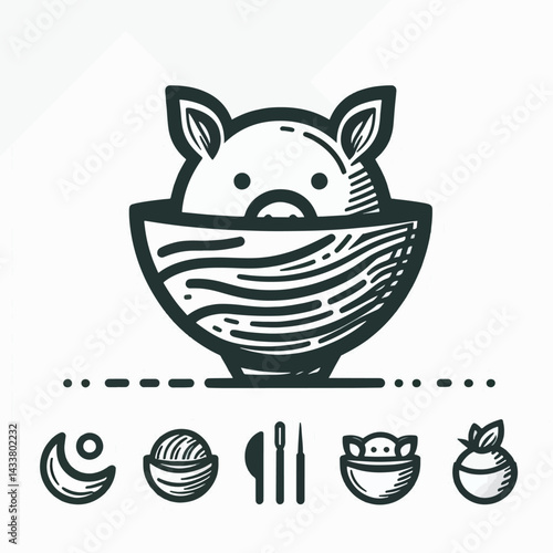 Hand drawn illustration of a pig inside a decorative bowl, suggesting a food concept.