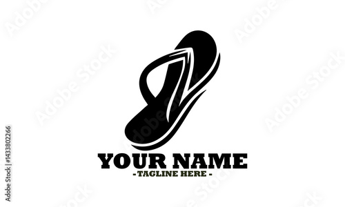 Black silhouette of a single casual flip-flop slipper for summer footwear isolated on a white backdrop. Fashion concept, slipper linear vector icon and sliper liner logo design