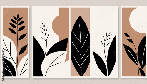 Minimalist Botanical Prints_Set of 4_Abstract Leaves and Shapes_Modern Wall Art_Boho Home Decor_Earthy Tones_Black and Beige_Contemporary Artwork_Nature Inspired