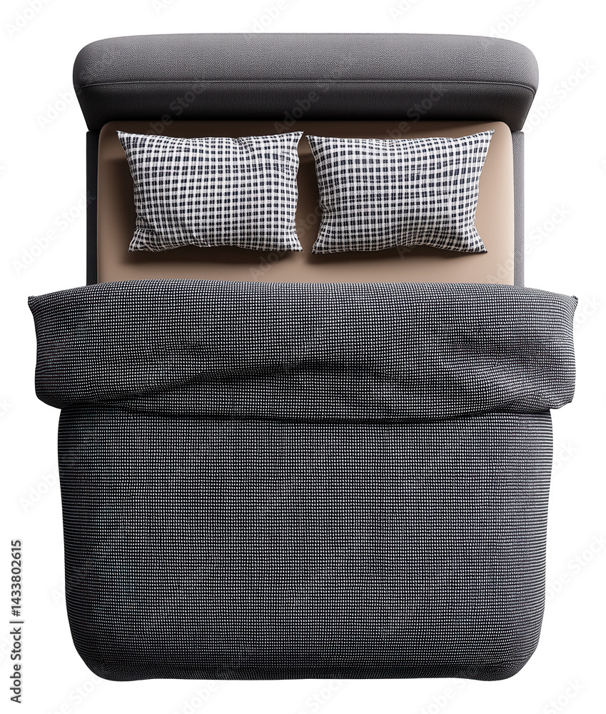 Top view of a modern bed with a grey duvet and two checkered pillows neatly arranged.