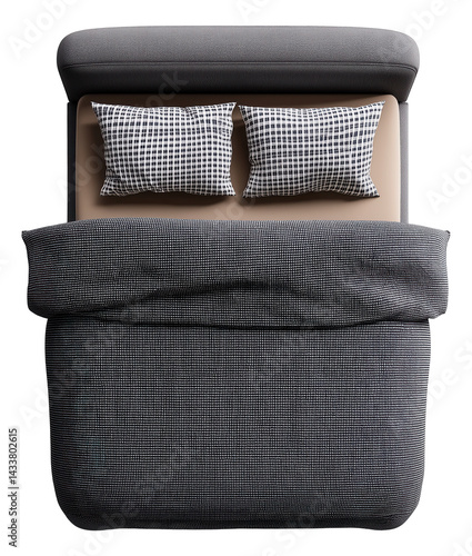 Obraz na płótnie Top view of a modern bed with a grey duvet and two checkered pillows neatly arranged. w salonie