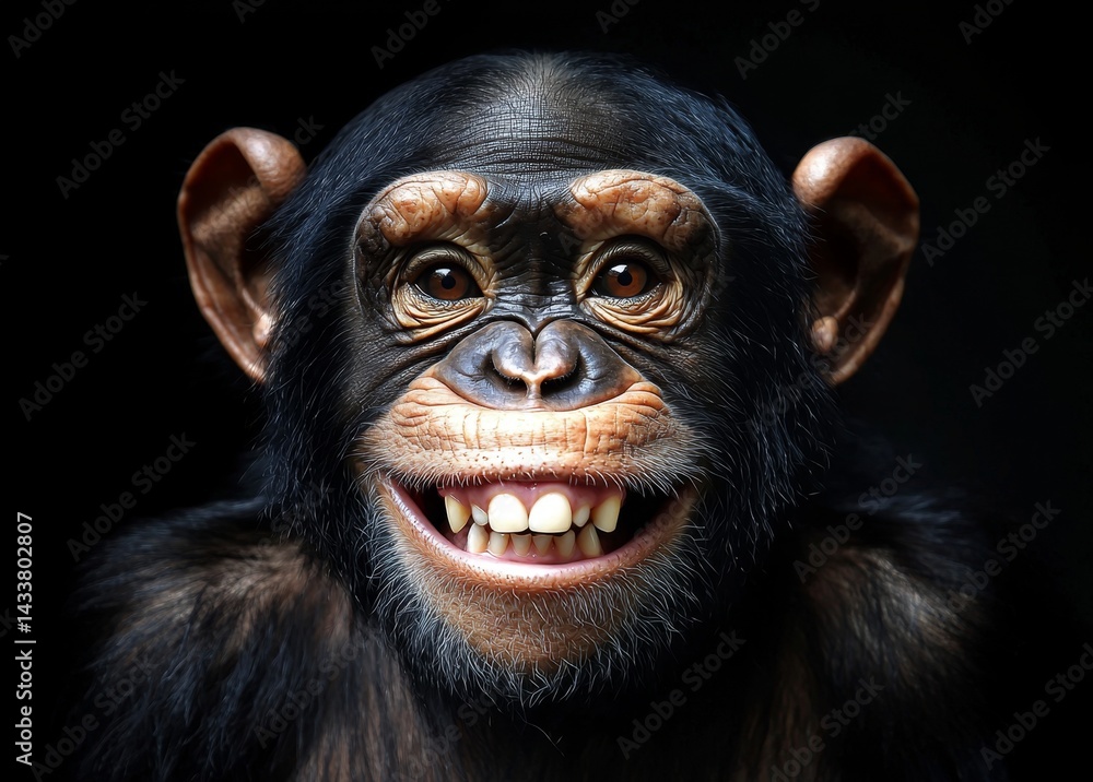 Smiling chimpanzee captured against a black backdrop Smiling chimpanzee captured against a black backdrop