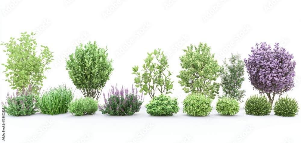 Obraz premium Lush Green and Purple Shrubs Collection on White