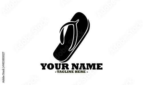 Black silhouette of a single casual flip-flop slipper for summer footwear isolated on a white backdrop. Fashion concept, slipper linear vector icon and sliper liner logo design