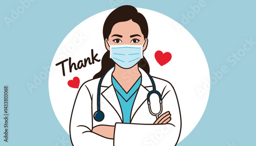 Thank You Healthcare Workers_Female Doctor with Mask and Stethoscope_Appreciation for Frontline Heroes_Vector Illustration of Medical Professional_Show Gratitude to Doctors and Nurses